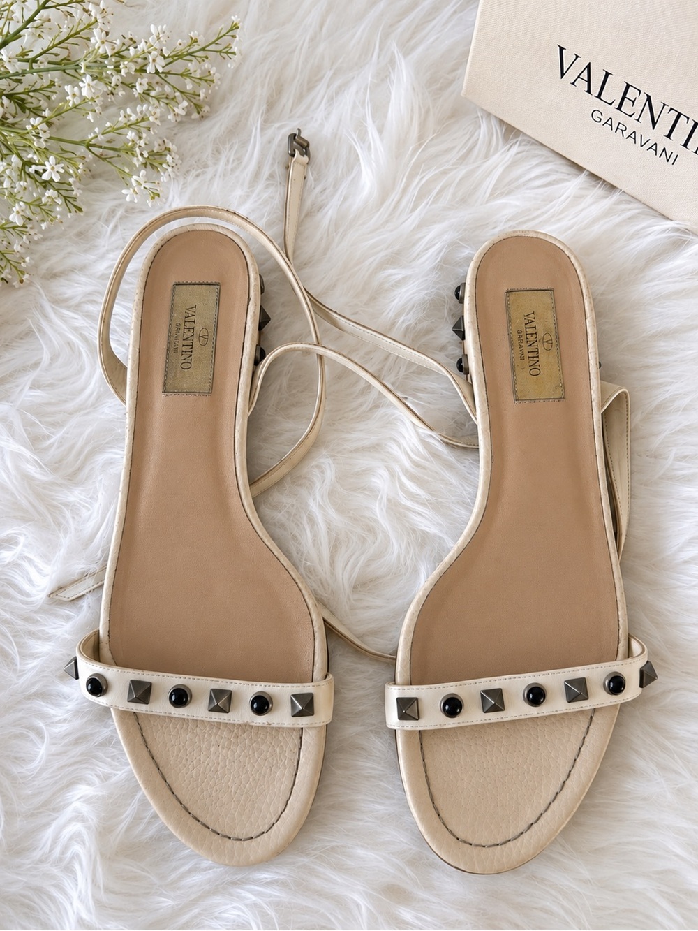 Valentino Garavani Cream Studded Leather Slingback Sandals